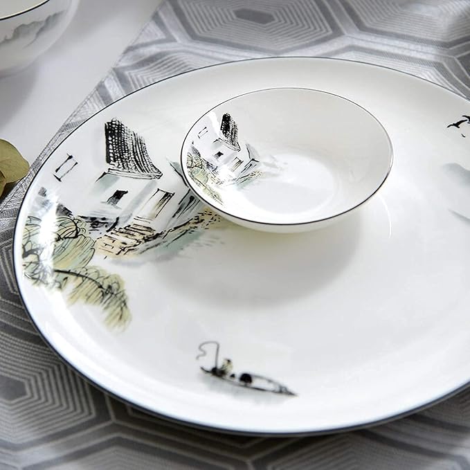 Ceramics Dinnerware Sets Porcelain Cereals Bowls/Steak Plates/Soup Pot | 50 Pieces Chinese Style Bone China Dinner Combination Set for Wedding Gifts