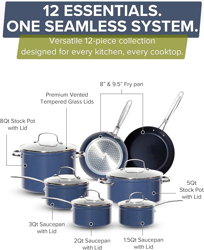 Nuwave Healthy G11-Pots and Pans Set Non Stick 9H Near-Diamond Hardness Scratch-Resistant Works on All Stovetops PFAS Free with Frying Pans Saucepans &amp Glass Lids Stay-Cool Handles Deep Blu