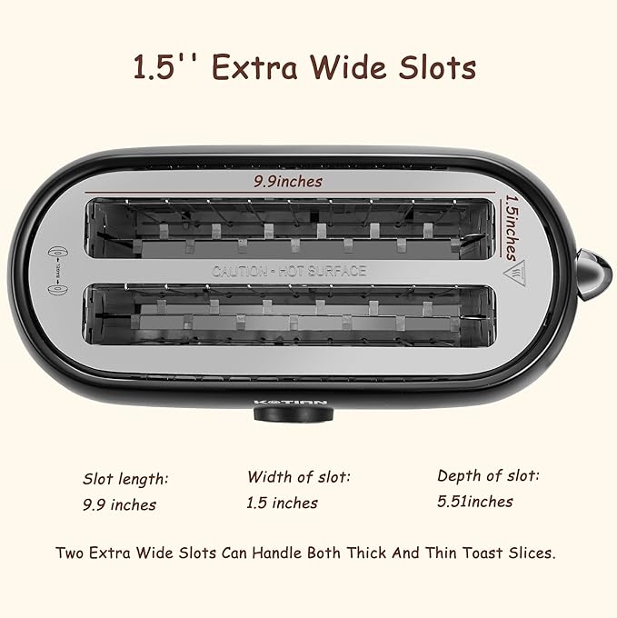 Toaster 4 SliceKOTIAN Retro Long Slot Toasters with Countdown TimerStainless Steel ToasterBagelDefrostReheatCancel FunctionsExtra Wide Slots6 Toast SettingsRemovable Crumbs TrayMatte black