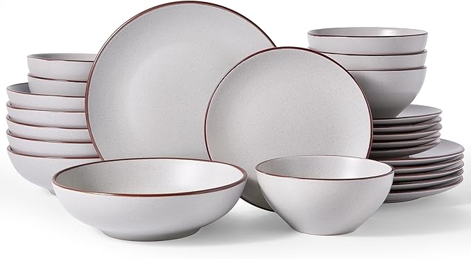 Famiware Venus Speckled Dinnerware Set 24-Piece Stoneware Dishes for 6 Matte Light Gray - Includes Pasta Bowls &amp Dinner Plates for Everyday Meals or Formal Dining Microwave &amp Dishwasher Saf