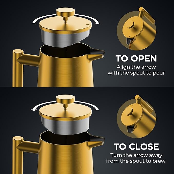French Press Coffee Maker Stainless Steel French Press 34 Oz / 1L Large Insulated Double Wall Coffee Maker with 3 Extra Mesh Filters Satin Finish Gold