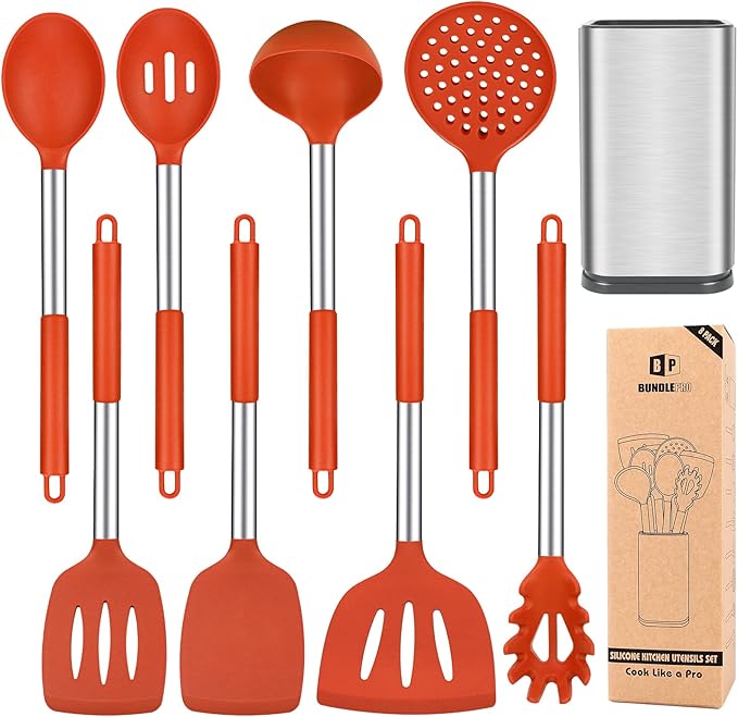 Silicone Cooking Utensil Set 8Pcs Non-stick Cookware with Stainless Steel Handle BPA Free Heat Resistant Kitchen Tools with Spatulas Turners Spoons Skimmer and Pasta Fork (RED)