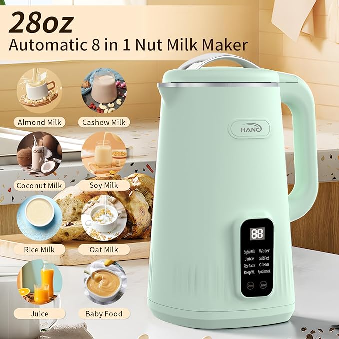 Nut Milk Maker Machine 28oz Automatic 8-in-1 Quiet Operation Soy Milk Maker Homemade Almond Coconut Juice &amp Soup Delay Start/Keep Warm/Self-Cleaning/Boil Water (Cyan)