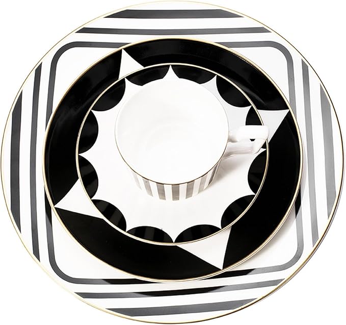 European Style Dinnerware Set Service for 6 Bone China Dinnerware Sets Unbreakable Porcelain Dinner Sets Coffee Cup and Saucer Tableware Set Steak Dinner Plates Dish Set Black copper coin-13