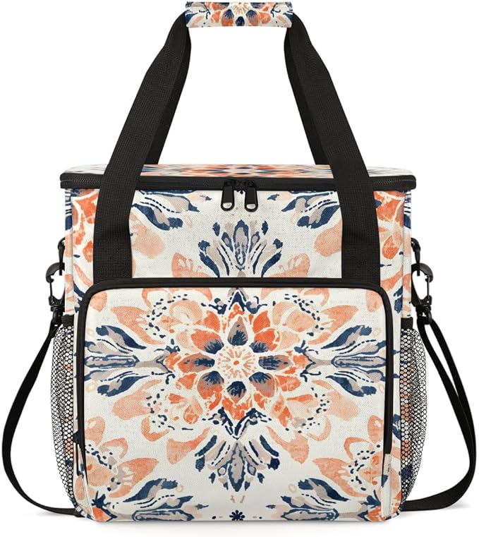 Rich Damask Coffee Maker Carrying Bag Retro Floral Travel Storage Bag Compatible with K-Mini or K-Mini Plus Single Serve Coffee Brewer Carrying Case with Multiple Pockets &amp Shoulder Strap
