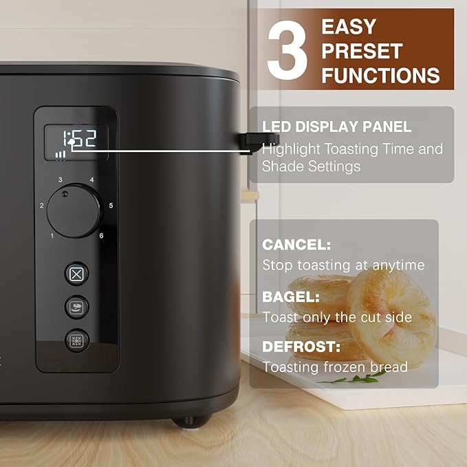 Toaster 4 Slice Long Extra Wide Slot 1.5 with Countdown Timer 6 Browning Settings Built-in Warming Rack Bagel/Cancel/Defrost Functions Removable Crumb Tray-Matteblack