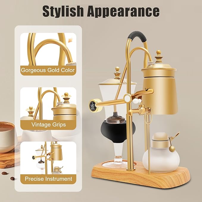 Belgian Balance Syphon Vacuum Coffee Maker 500 ml Vintage Gravity Brewing SystemManual Tabletop Coffee BrewerElegant Design Retro-Style (Gold)