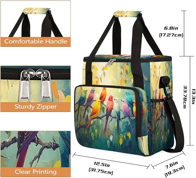 Colorful Magpie Bird Oil Painting Coffee Maker Carring Bag Travel Carrying Storage Tote Bag Compatible with Keurig K-Mini or K-Mini Plus Portable Single Serve Coffee Brewer Case with Pockets