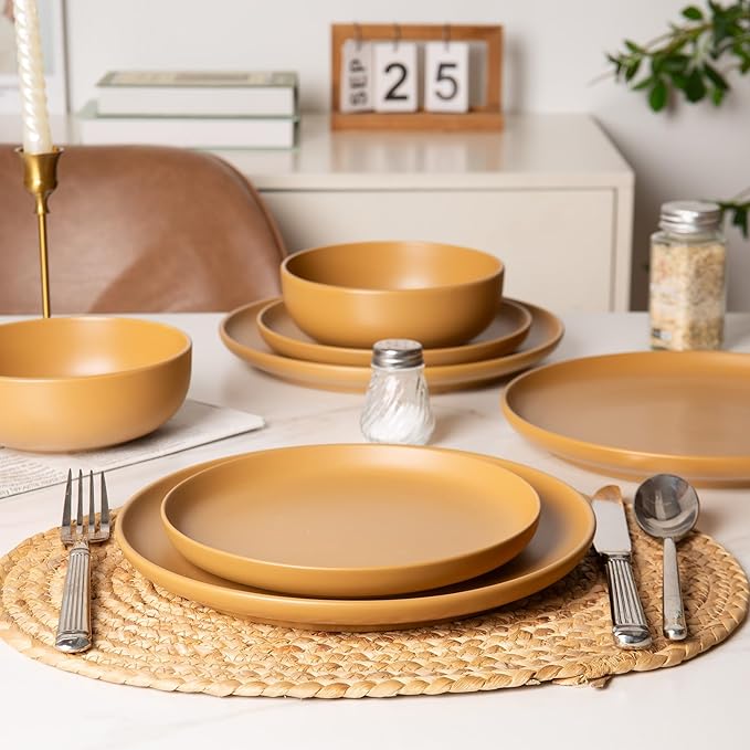 12-Piece Stoneware Dinnerware Set Microwave and Dishwasher Safe Stackable Matte Glaze Plates and Bowls 10 Inch Dinner Plate 7.5 Inch Salad Plate 5.9 Inch Cereal Bowl for Family Meals