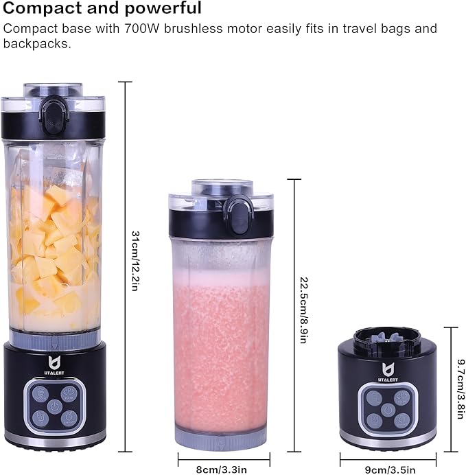UTALENT Cordless Portable Blender 25 oz removable Vessel Powerful Personal Blender For-Smoothies Ice Crush 4 Programs Leakproof-Lid &amp Sip Spout USB-C Rechargeable Dishwasher Safe Parts Bl