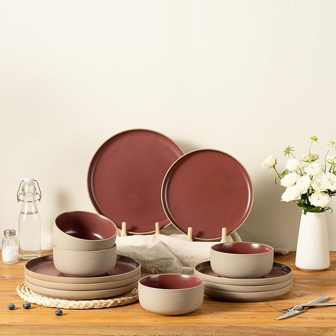 12 Pieces Dinnerware SetsPlates and Bowls SetsHandmade Reactive Glaze Dishes Set for 4 with at Least 10% Recycled Ceramic and the Raw Texture of the Clay (Angora Red)