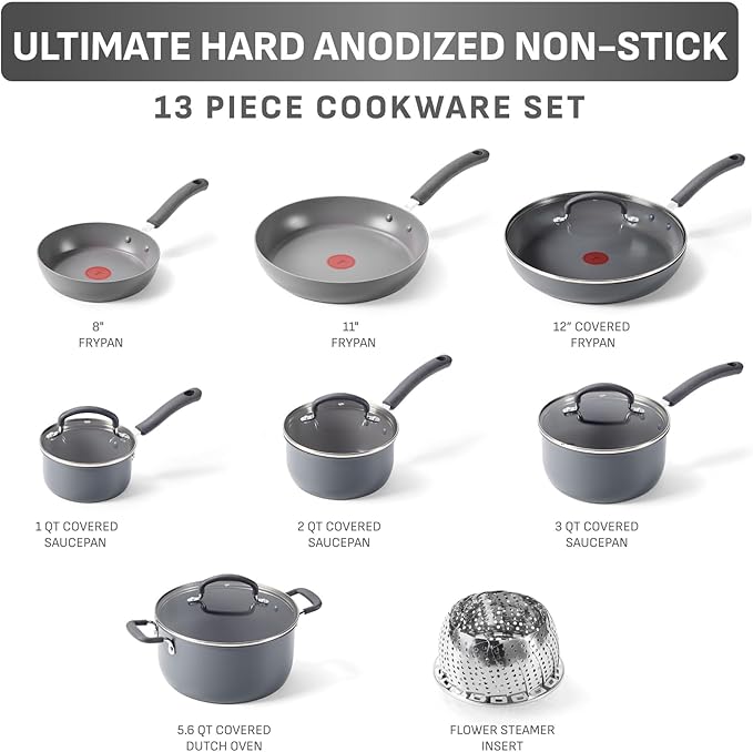 T-Fal Ultimate Hard Anodized Nonstick 13 Piece Cookware Set Oven Safe Up to 400°F Pots and Pans Set Includes Frying Pans Saucepan Stockpot Cooking Utensils Grey