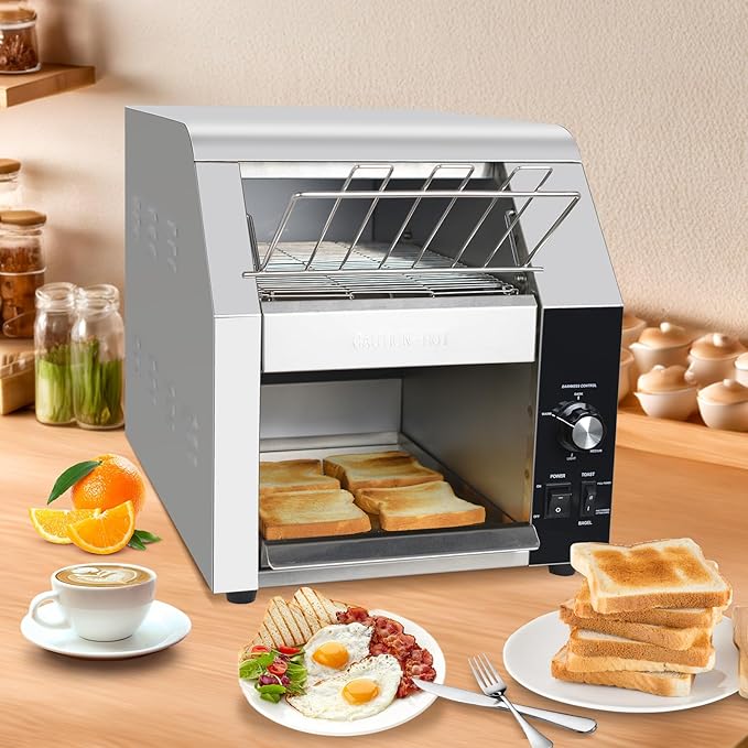 Hakka Commercial Conveyor Toaster 450 Slices/Hour Heavy Duty Conveyor Toaster Stainless Steel Toaster Oven Electric Restaurant Toaster with 3 Opening for Toast Bun Bagel Bread-120V1800W