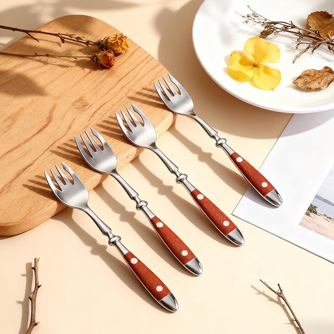 Sporks 8-Pack Stainless Steel Sporks 6.9 Inches Salad Forks and Spoons with Wood Grain Bakelite Handle For Dessert Ice Cream Salad Soup Noodle Spaghetti Dishwasher Safe