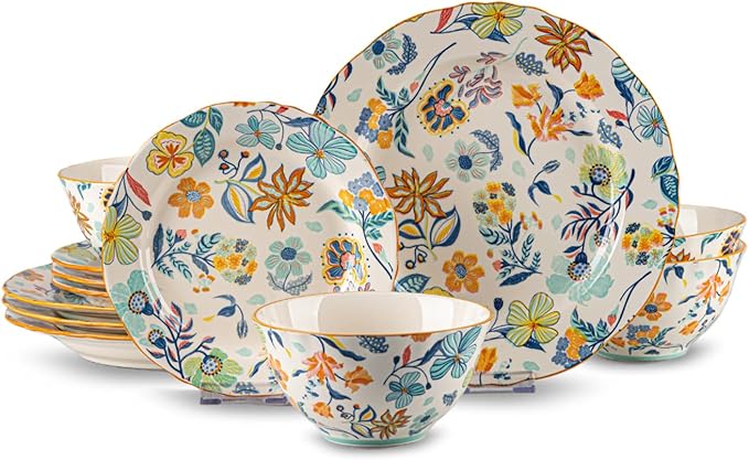 12-Piece Floral Pattern Ceramic Dinnerware Set (Service for 4) - High-Temp Fired Microwave &amp Dishwasher Safe Scratch-Resistant Kitchen Dining Plates Bowls Set
