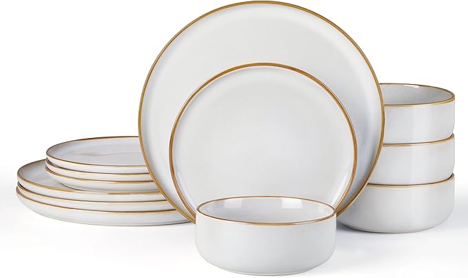 E-far Plates and Bowls Set for 4 12-Piece Stoneware Dinnerware Sets Ceramic Dinning Ware Reactive Glaze Dishes Set Microwave &amp Dishwasher Safe - Seashell White
