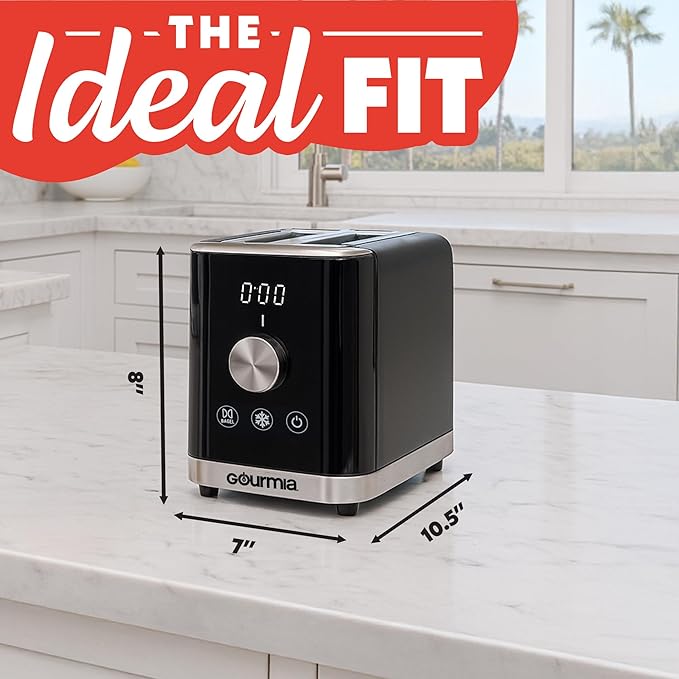 Gourmia 2 Slice Toaster – 6 Browning Levels with Bagel and Defrost Mode One-Touch Toasting Removable Crumb Tray Extra Wide Slots Compact Design Black