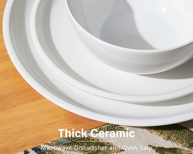 ONEMORE White Plates and Bowls Set Dinnerware Sets for 4 Cream White Dinner Bowl Set 24 oz Dishwasher and Oven Safe