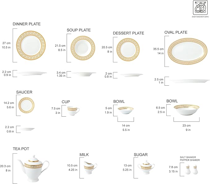 Euro Porcelain Vintage Gold 57 piece Dinnerware Dish Serving Set 'Greek Key Gold' - HQ Fine China Tableware Service for 8