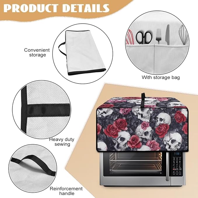 Skull Rose Print Toaster Oven Dust Cover for Kitchen Counter Decorative Washable Toaster Oven Air Fryer Cover Dust Protection 18.5 x 14.5 x 9 Grey and Red
