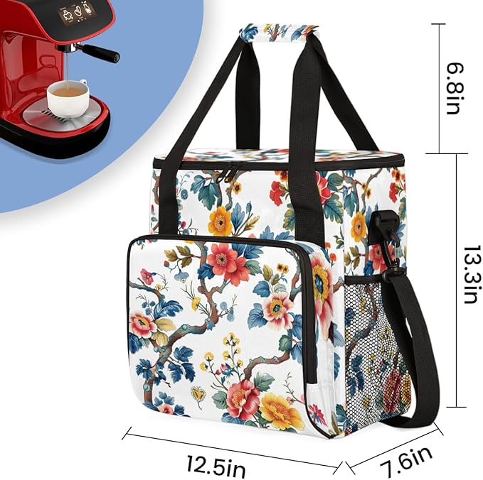 Blossoming Flower Coffee Maker Carrying Bag Portable Travel Storage Tote Bag Compatible with K-Mini or K-Mini Plus Single Serve Coffee Brewer Carrying Case with Multiple Pockets &amp Shoulder Strap