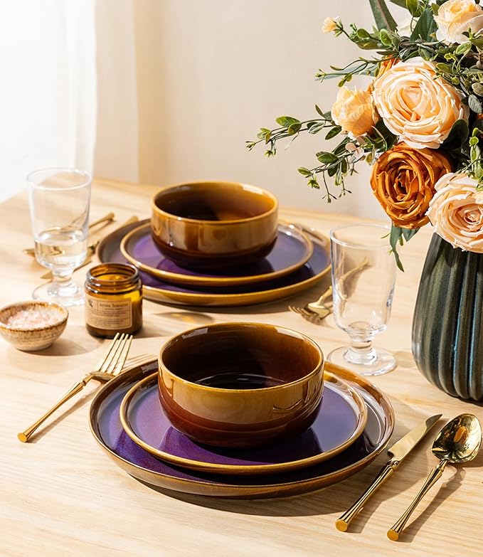 TheTerra Ceramic Dinnerware Sets for 4 12 Pieces Handmade Reactive Glaze Plates and Bowls Set Scratch Resistant Dish Set Oven &amp Microwave &amp Dishwasher Safe Amber Amethyst