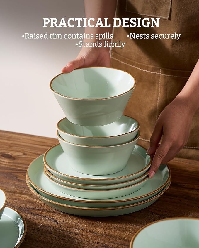 Famiware Saturn Dinnerware Sets Plates and Bowls Sets for 4 12 Pieces Stoneware Dish Set - Chip and Scratch Resistant Microwave and Dishwasher Safe Tableware Set Light Green with Rim