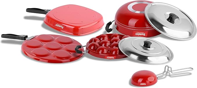Sumeet 2.6mm Thick Non-Stick Red Wave Cookware set (Multi snack maker – 26.5cm Dia + Kadhai With Lid – 1.5Ltr + Grill Appam Patra With Lid – 23cm Dia + Grill Pan – 1.1Ltr + Tadka Pan – 10cm Dia)