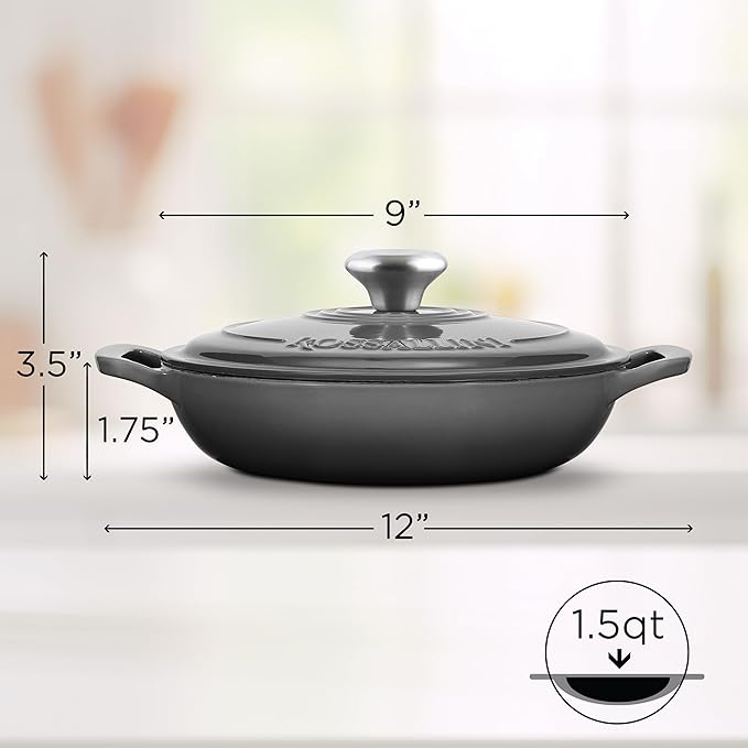 Signature Enameled Cast Iron Braiser Non-Stick Serving Pot with Tight Fitting Lid for Perfect Roasting Baking Sauteing Searing and Pan Frying | 1.5Q (1.4L) - Oyster Grey