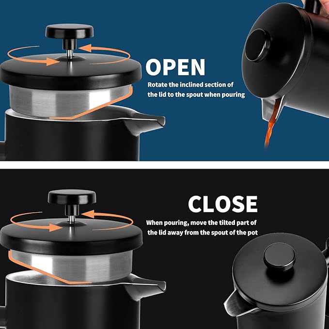 MERMOO YILAN French Press 34oz Insulated Stainless Steel Coffee Maker Unbreakable Coffee Press Easy to Clean for Home Camping Travel (Black)