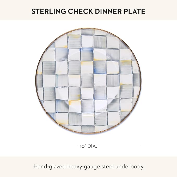 MACKENZIE-CHILDS Enamel Dinner Plate Decorative Dinnerware Plate 10 Inches Set of 1 Gray-and-White Sterling Check
