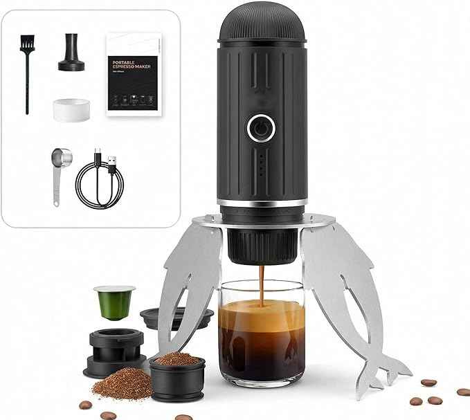 Portable Electric Espresso Machine Self-heating Rechargeable Travel Coffee Maker for Camping Hiking Office Car 19 Bar Compatible with NS Capsules &amp Ground Coffee with stand (Black+Stand)