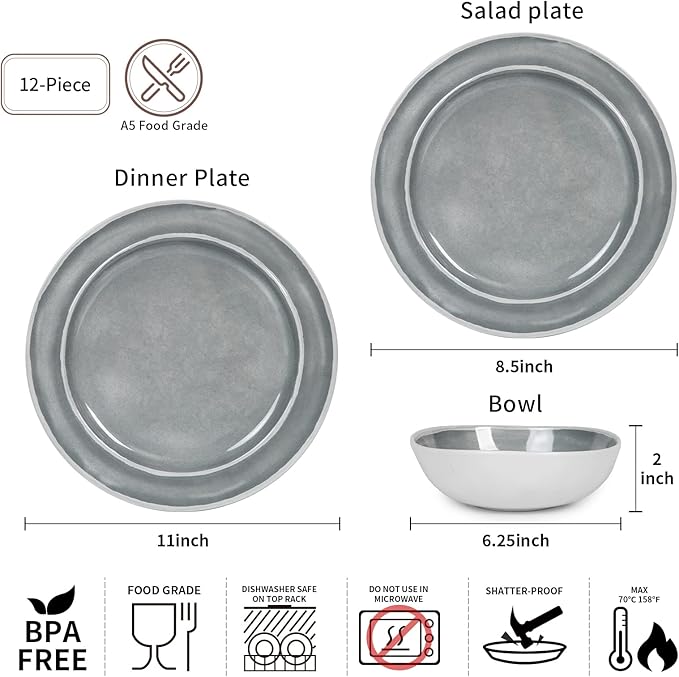 Melamine Dinnerware Set - 12pcs Dishes Dinnerware Set for 4 Indoor and Outdoor use Dishwasher Safe Break-resistant Lightweight Gray