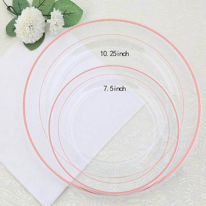 I00000 60 Pcs Rose Gold Plastic Plates Disposable Party Set Include: 60 Clear Plastic Plates with Rose Gold Trim for dinner and dessert Perfect for Holidays Wedding &amp Party Supplies (Pack of 2)