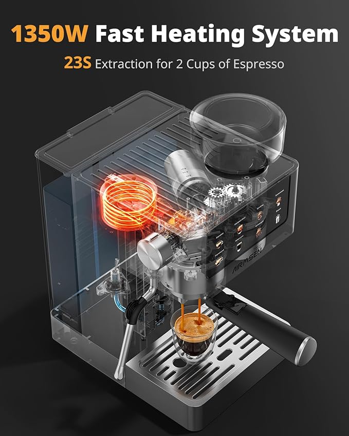 AIRMSEN Espresso Machines with Burr Grinder 20 Bar Milk Frother Steam Wand Stainless Steel Coffee Maker for Home - Cappuccino Latte &amp Cold Brew Iced Coffee Maker &amp Americano