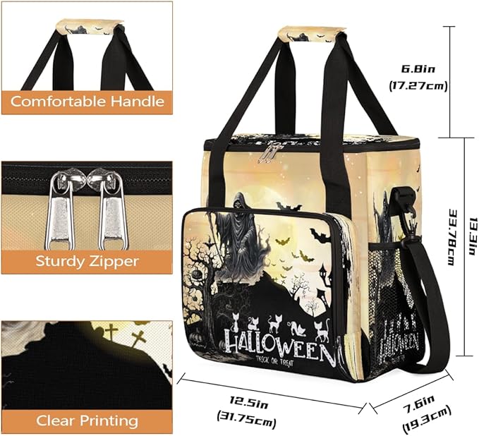 Halloween Skull Scythe Bat Coffee Maker Carring Bag Travel Carrying Storage Tote Bag Compatible with Keurig K-Mini or K-Mini Plus Portable Single Serve Coffee Brewer Case with Pockets for K-cup Pods