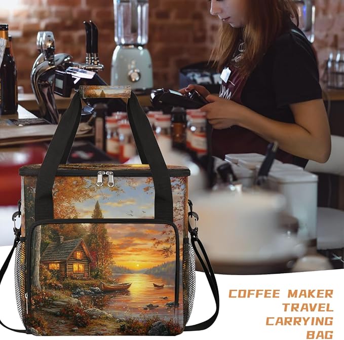 Autumn Lakeside Maple Trees Coffee Maker Carring Bag Travel Carrying Storage Tote Bag Compatible with Keurig K-Mini or K-Mini Plus Portable Single Serve Coffee Brewer Case with Pockets for K-cup Pods