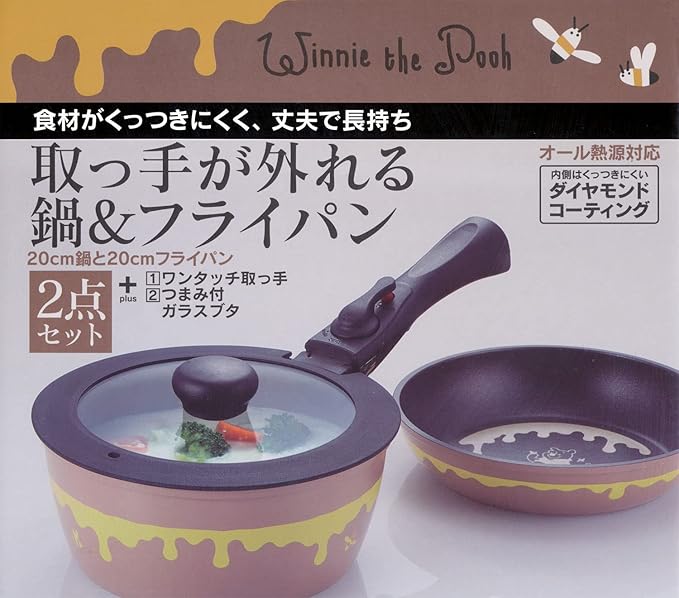 Skater ANFP2-A Pots &amp Frying Pans 4-Piece Set with Handle (Pots 7.9 inches (20 cm) Frying Pans 7.9 inches (20 cm) Lid and Handle 4-Piece Set IH Compatible Disney Winnie the Pooh