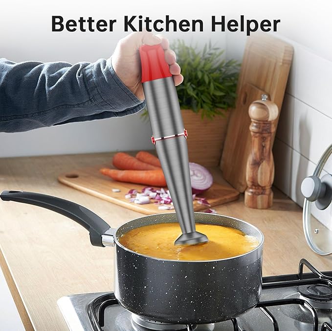 Immersion Blender Handheld Corded Hand Blenders Set 1100W Trigger Variable Speed 5 in 1 Stick Emulsifier with Chopper Whisk and Frother for Soup Baby Food and Smoothies Christmas red