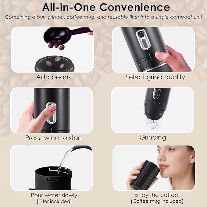 All-in-one Pour Over Coffee Maker Portable Electric Burr Coffee Grinder Rechargeable Coffee Bean Grinder Conical Burr Battery Powered Cordless Portable Coffee Maker for Travel Camping Car
