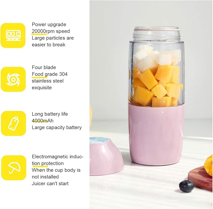 Portable Electric Blender Handheld Juicer with 4 Blades 20000RPM 380ml USB Charging 4000mAh Battery Power for Smoothies Ice Crushing