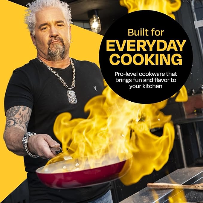 Guy Fieri's Flavortown 11-Piece Ceramic Cookware Set Nonstick Pots and Pans for Cooking Made without PFAS PTFE PFOA Oven Safe Dishwasher Safe Easy to Clean Everyday Cookware Red