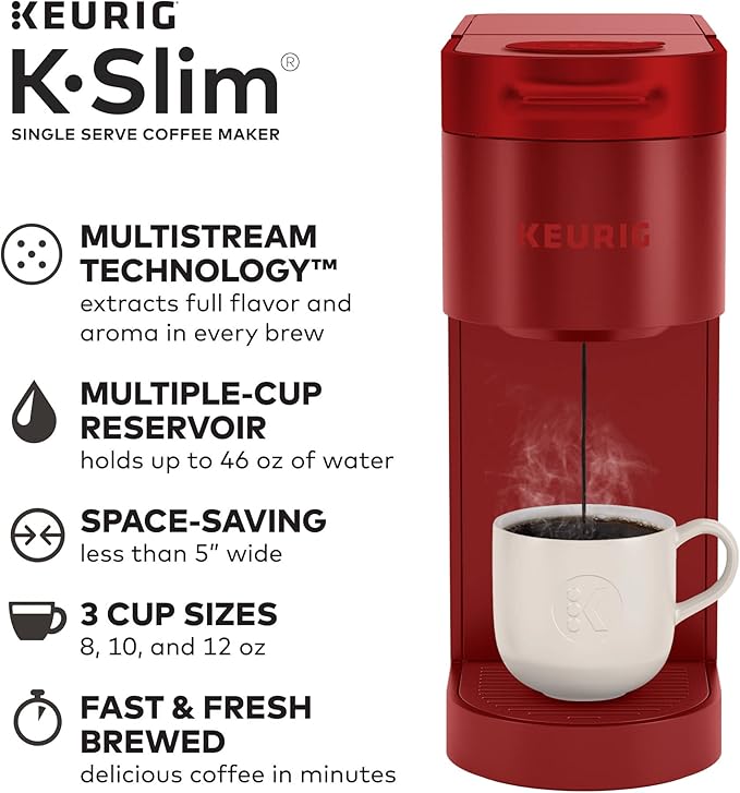 Keurig K-Slim Coffee Maker Single Serve K-Cup Pod Coffee Brewer Scarlet Red &amp 3-Month Brewer Maintenance Kit Compatible Classic/1.0 &amp 2.0 K-Cup Coffee Makers 7 Count