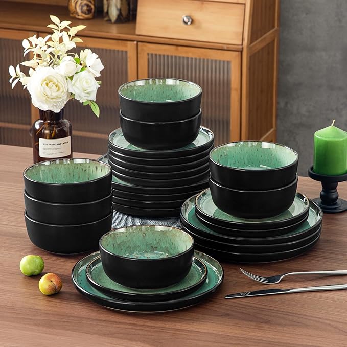 vancasso Plates and Bowls Sets 24 Pieces Stoneware Dinnerware Sets for 8 Kitchen Dish Set Mircowave and Dishwasher Safe Ceramic Dishware Turf Green Series AMBER