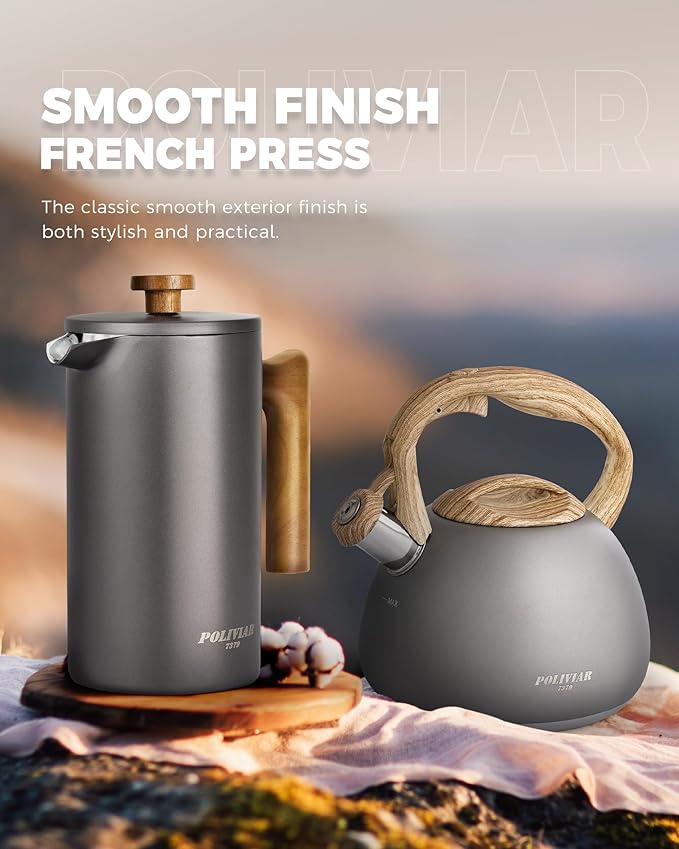 POLIVIAR French Press Coffee Maker 34 Ounce Coffee Press with Real Wood Handle Double Wall Insulation &amp Dual-Filter Screen Food Grade Stainless Steel for Good Coffee and Tea (Cliff)