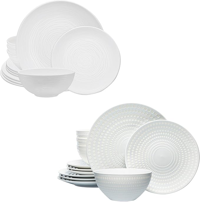 bzyoo 12 Piece White Melamine Dinnerware Set +12 Piece Ceramic Dinnerware Set Serive for 4 Porcelain Plates and Bowls for Dining Pearl White Dishes Set