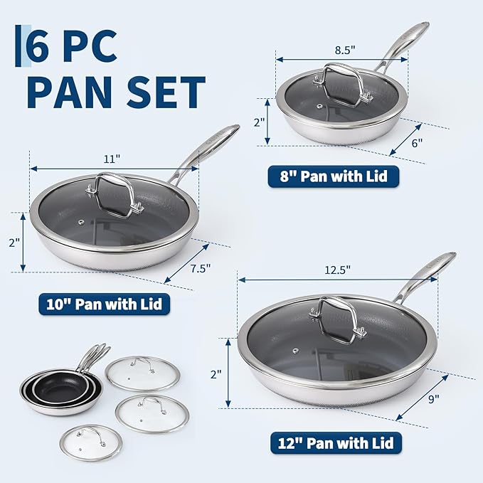 Garvee 6-Piece Tri-Ply Steel Nonstick Fry Pan Set 8/10/12 Inch Induction Ready Frying Pans with Tempered Glass Lids &amp Stay-Cool Handles Dishwasher Safe &amp Oven Safe Compatible with All Cookt