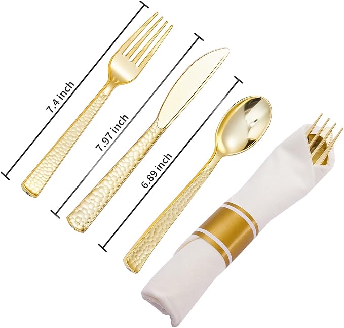 N9R 30 Pack Pre Rolled Gold Plastic Cutlery Set Wrapped Plastic Silverware Set with 30 Forks 30 Knives 30 Spoons and 30 Napkins Disposable Cutlery Set for Party and Wedding