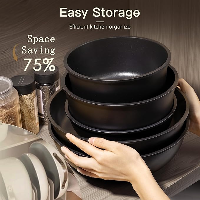 Astercook Non Stick RV Pots and Pans Ceramic Kitchen Cookware Set with Detachable/Removable Handle Oven Safe Induction Ready Stackable Black 21 pcs