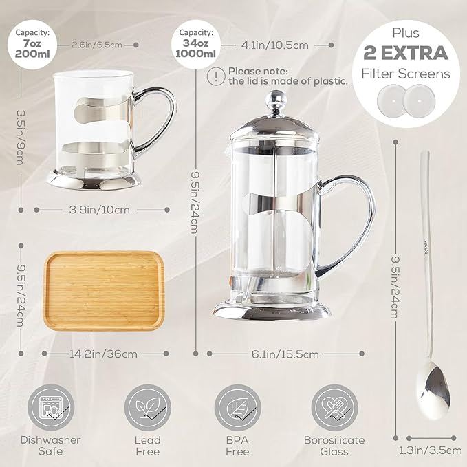 DUJUST Silver French Press Set with 6 Cups &amp Tray Luxury Design Coffee Maker with 4-Level Filter System Hot &amp Cold Resistant Glass French Coffee Press Set Well Packed Holiday Gift &amp Ho
